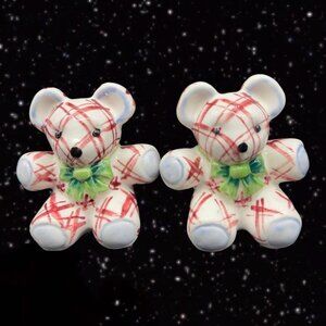 Ceramic Salt and Pepper Shaker Set 2 Teddy Bear With Green Bows Red Stripes 2.5”
